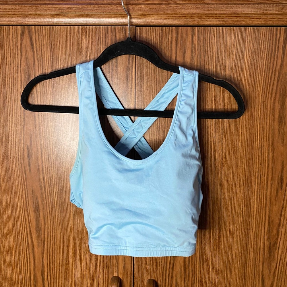 SHEIN Sports Bra Women Small Blue Crisscross Back Mesh Lined‎ Activewear